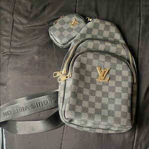 Louis Vuitton Gray Checkered Sling Bag with Gold Details